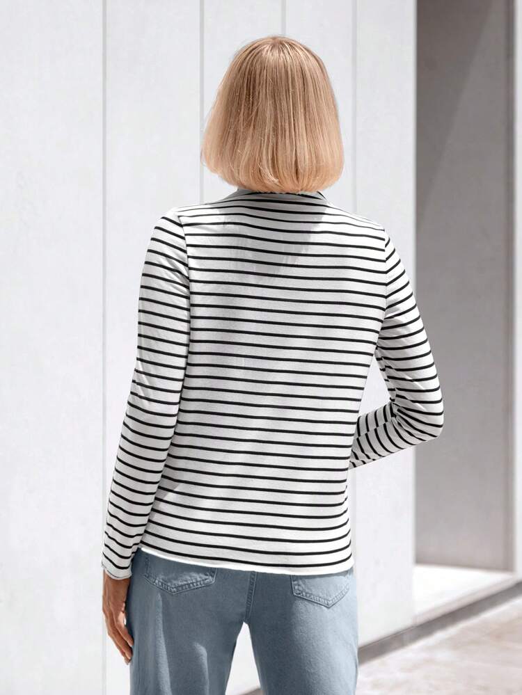 Women's Casual Black And White Striped High Neck Embroidered T-Shirt