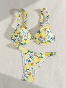 Swim Vcay Set de bikini sexy cu imprimeu floral de lamaie pentru plaja de vara