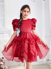 SHEIN Knielanges Tween Mädchen Pullover Kleid mit Rüschen Saum und Rundhalsausschnitt mit hübschen Perlenverzierungen