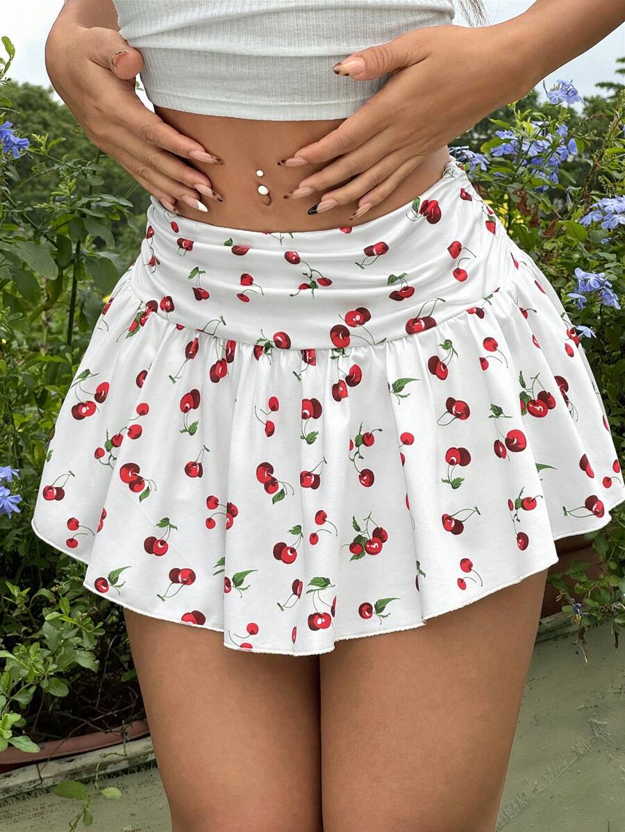 SHEIN EZwear 夏季休閒水果多巴胺櫻桃紋A字迷你裙，適合度假穿著 - 白色 - 查看 1