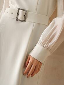 Anewsta Vintage Party Patchwork White Women's Woven Dress With Cinched Waist
