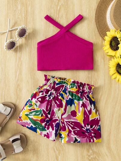 SHEIN Baby Girl Knitted Solid Color Vest And Flower Pattern Shorts Set For Summer Vacation