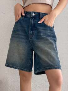 DAZY Quần short Bermuda denim dáng rộng có túi dành cho nữ. - Rửa trung bình - Xem 1