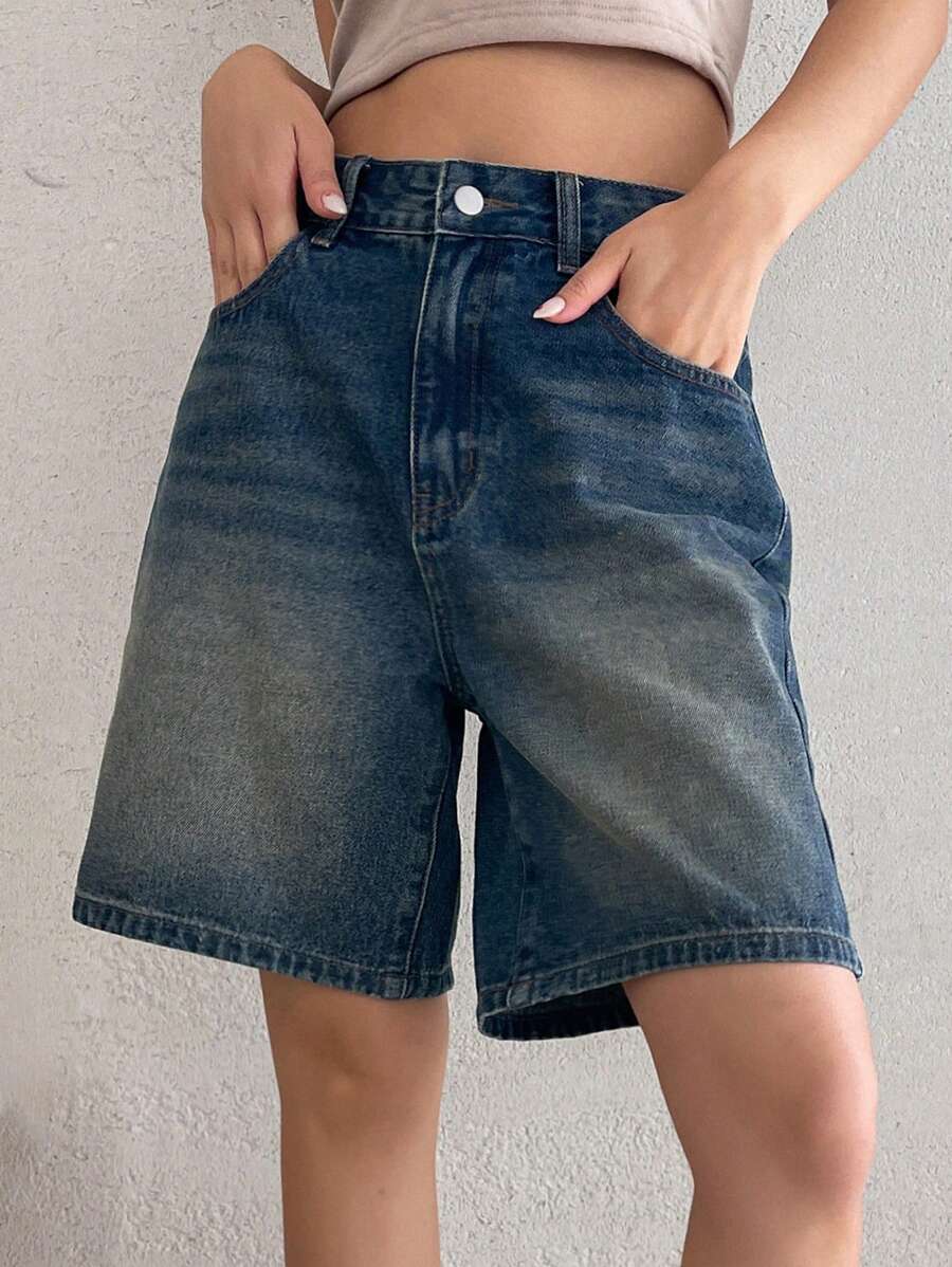 DAZY Quần short Bermuda denim dáng rộng có túi dành cho nữ. - Rửa trung bình - Xem 1