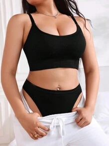 SHEIN Conjunto de sujetador bralette y bragas triangulares de unicolor, talla grande - Negro - Ver 7