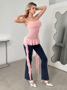 SHEIN ICON Top de tirantes finos transparente rosa con volantes multicapa y tirantes largos con estilo de medusa - Rosa - Ver 3