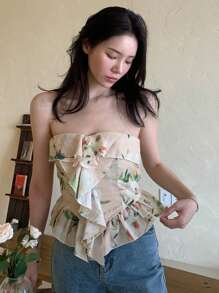 DAZY Top tubo elegante sin tirantes con volantes y estampado floral para mujer, conjunto de ropa de verano para crucero, blusas bohemias, tops cortos, blusas de salida para mujeres