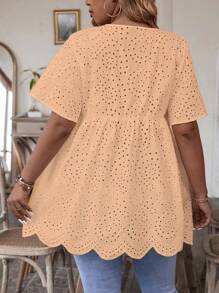 SHEIN LUNE Plus Size Summer Short Sleeve Hollow Out Embroidered V-Neck Shirt - Apricot - View 2