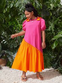 SHEIN 少女加大碼寬鬆休閒泡泡袖拼接彩塊中長款連衣裙，圓領設計