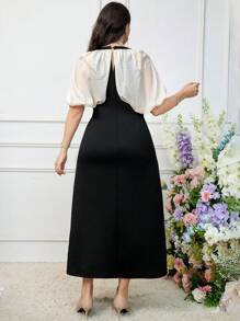 Modelyn 大码女式简约拼色泡泡袖连衣裙，优雅晚会礼服 - 彩色 - 查看 2