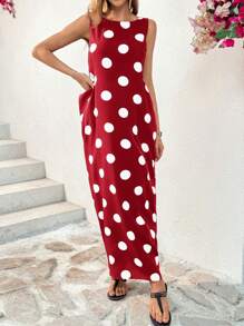 SHEIN Essnce Women's Summer Sleeveless Dot Print Dress Long Crew Neck Maxi With Big Pockets Casual Dress,Polka Dot Dress - Red - View 3