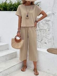 SHEIN LUNE 2 件套女士蝙蝠袖上衣和裤子夏季服装夏季两件套亚麻套装 - 卡其色 - 查看 6