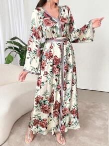 Al Najma V領花卉印花優雅長袖阿拉伯服裝，夏季款 - 彩色 - 查看 7