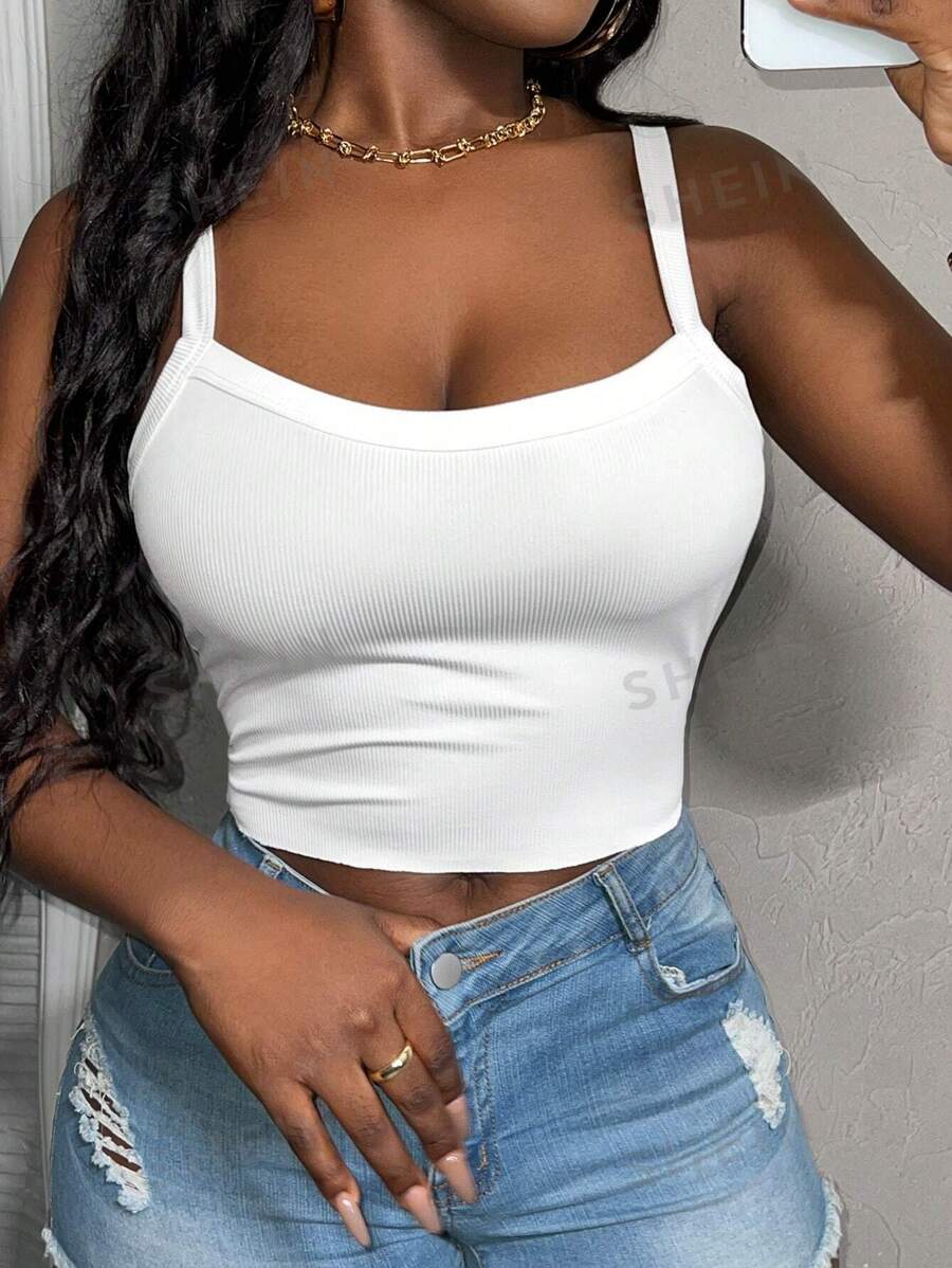Slaydiva Top de tirantes anchos acanalado de cuello cuadrado simple y casual para mujer, para ejercicio básico
