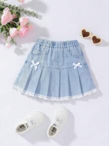 Falda de mezclilla plisada y con lazo lindo para niña joven para uso diario - Azul - Ver 1