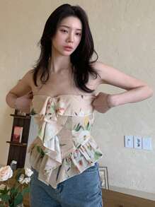 DAZY Top tubo elegante sin tirantes con volantes y estampado floral para mujer, conjunto de ropa de verano para crucero, blusas bohemias, tops cortos, blusas de salida para mujeres