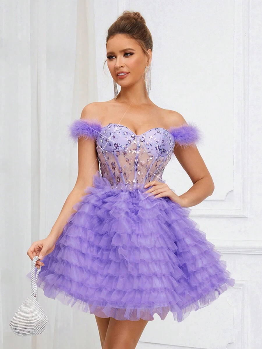 SHEIN Belle Vestido elegante, hermoso, encantador y lindo estilo princesa de tela de tul de malla multicapa en tono lila con decoración de plumas y efecto brillante en patchwork con forma de taza de hombro descubierto. Ideal para festivales de música, regreso a clases, ceremonias de graduación, fiestas de baile, té de la tarde, reuniones, cócteles y ocasiones formales. (Nota: la manga es de plumas). - Púrpura malva - Ver 1