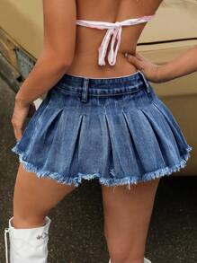 SHEIN ICON Summer Fashion Frayed Pleated Denim Skirt