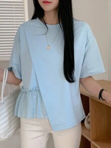 DAZY 女士夏季純色圓領寬鬆T卹，採用下垂肩和皺褶下擺設計 - 藍色 - 查看 7