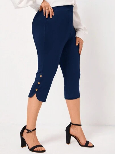 Miaspire Pantalones de primavera/verano elegantes y ajustados para mujeres de talla grande en color negro maduro con botones adornados