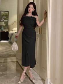 DAZY 露肩修身鱼尾中长连衣裙，适合女士生日、新年、舞会、派对、返校节等场合，优雅女装。 - 黑色 - 查看 5