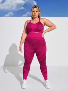 Gameset SHEIN Sport Plus Size Women's Printed Gym Tank Top And Leggings Workout Set - Hot Pink - View 5