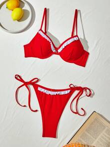 SHEIN Swim Conjunto de bikini de verano para mujer con sujetador de tirantes finos y braga de bikini en rojo, con volantes patchwork - Multicolor - Ver 7