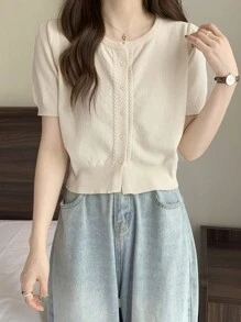Women's Casual Solid Color Short Sleeve Cardigan For Spring/Summer - Apricot - View 1