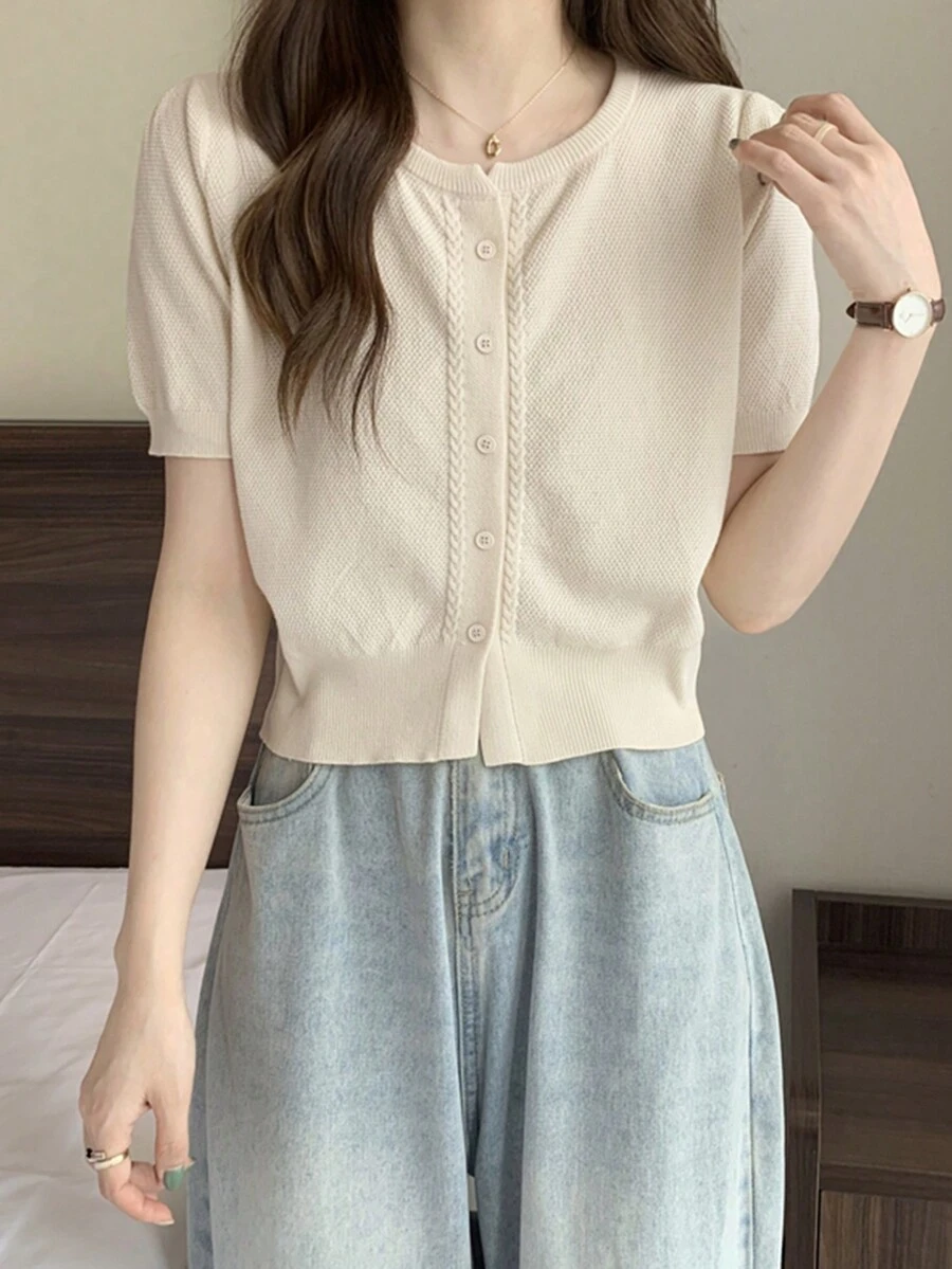 Women's Casual Solid Color Short Sleeve Cardigan For Spring/Summer - Apricot - View 1