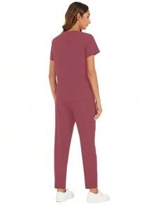 V-Neck Pocket Short Sleeve Top And Pocket Pants Scrub Uniform Set