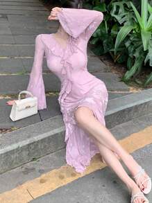 DAZY Flocked Raised Pattern V-Neck Long Sleeve Dress For Women, Autumn Sexy High Slit Dress,Ruffle