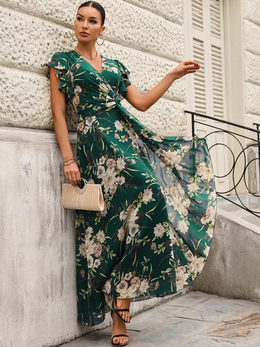SHEIN Belle 优雅花卉印花荷叶边裹身 V 领女士正式晚会礼服舞会婚礼宾客礼服，适合毕业典礼、晚宴、圣诞节 - 綠色 - 查看 1