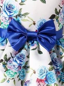 SHEIN Tween Girl Elegant Blue Party Dress With Round Neck, Sleeveless, Bowknot Decoration Suitable For Performances, Parties, Birthdays, Etc.