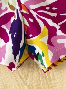 SHEIN 女婴针织纯色上衣和花朵图案短裤套装，适合夏季度假 - 玫紅色 - 查看 5