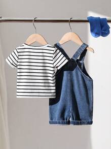 SHEIN Playful Pals Bộ áo thun ngắn tay in sọc và quần short có túi cho bé trai - Màu xanh lam - Xem 2
