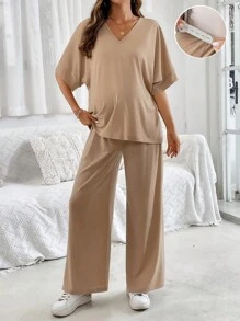 SHEIN Maternity Plain Simple Daily 2-Piece Outfit - Khaki - View 4