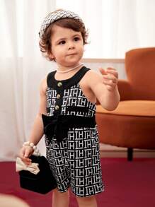 Baby Girl Sleeveless Halter Neck Romper, 2024 Summer New Arrival, Elegant, Fashionable, And Comfortable - Black and White - View 6