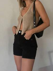 Chiquease 時尚短款針織背心，休閒基礎女士上衣 - 卡其色 - 查看 3