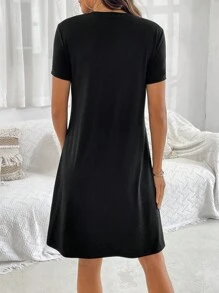 SHEIN Maternity Casual Short Sleeves Dress With Floral Embroidery, Summer - Black - View 2