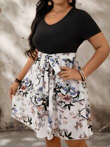 SHEIN LUNE Plus Size Nữ Mùa Hè Chắp Vá In Hoa Tay Ngắn Thanh Lịch - trắng - Xem 5