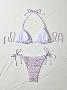 SHEIN Swim 女士夏季海灘小花紋荷葉領綁帶性感比基尼套裝 - 彩色 - 查看 2