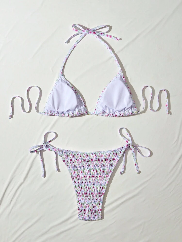 Women's Summer Beach Ditsy Shirred Floral Halter Neck Tie Sexy Bikini Set