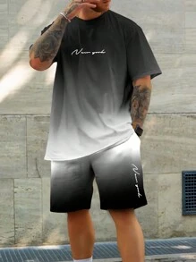 Manfinity Homme Men's Summer Letter Graphic Gradient Color Short Sleeve Casual T-Shirt And Drawstring Waist Shorts Set, Urban, Boyfriend Gift