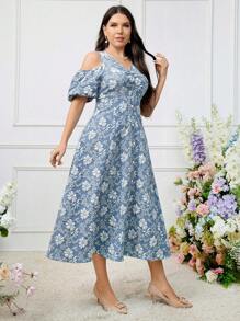 Modelyn Plus Size Elegant Flower Jacquard Open Shoulder Dress, Summer - Blue - View 4