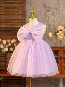 SHEIN Young Girl Flower Girl Birthday Party Wedding Festival Dress, Toddler Girls' Purple Puff Sleeve Dress With Large Bow, Suitable For Stage, And Tropical Beach Theme, Summer And Seaside Fun - Mauve Purple - View 3
