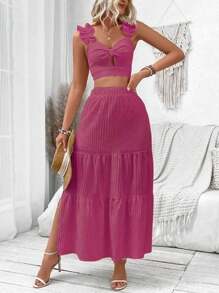 Breezaya Jednokolorowy top bez rękawów z dekoltem w kształcie serca i spódnicą z falbaną na dole, letni, swobodny, dwuczęściowy zestaw - Czerwony - Zobacz 5