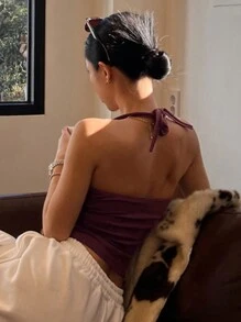 DAZY Women's Simple And Versatile Solid Color Halter Neck Tank Top, Summer - Rusty Rose - View 2