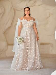 SHEIN Belle Plus Size Elegant Wedding Dress With Embroidery, Beading, Bowknot And Sequins Embellishment - White - View 5