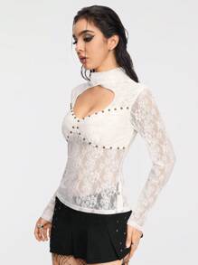 ROMWE Goth Sexy Minimalist Sexy Style Soft Lace Hollow Out Backless See-Through Women's T-Shirt - White - View 4
