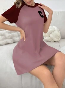 Vestido pijama de manga corta con bloqueo de color y estampado de letras, vestido de dormir de verano